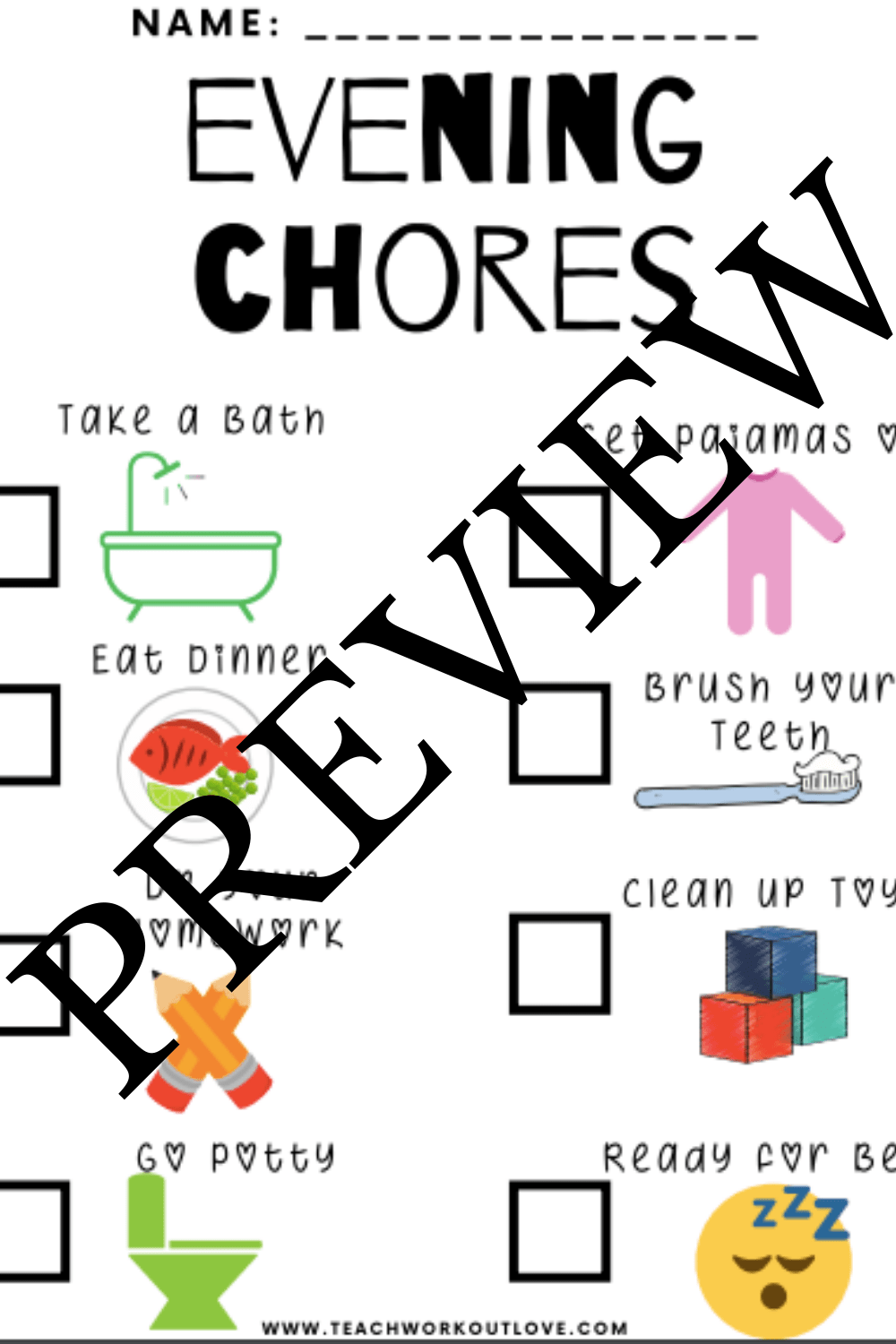 evening chores worksheet preview
