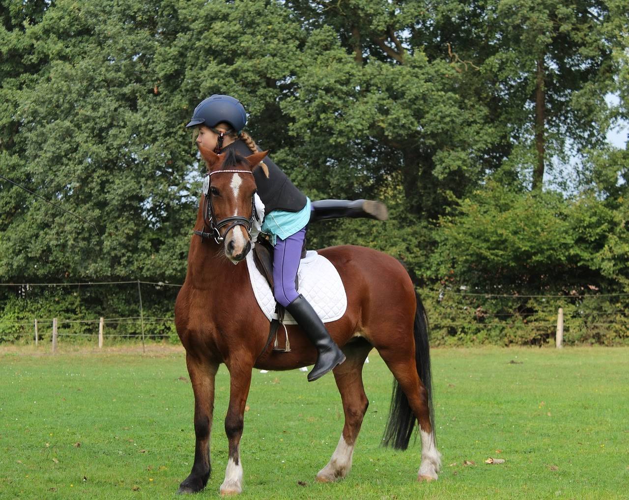 girl is dismounting a horse