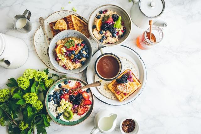 Father's Day, fruit salad and waffles placed in a gray bowl