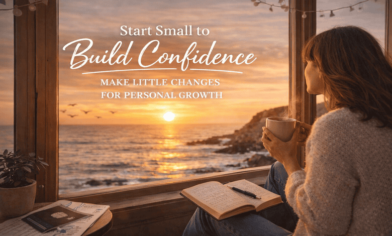 Woman sitting by a window with a journal and coffee, watching the sunset over the ocean and reflecting on building confidence and personal growth.