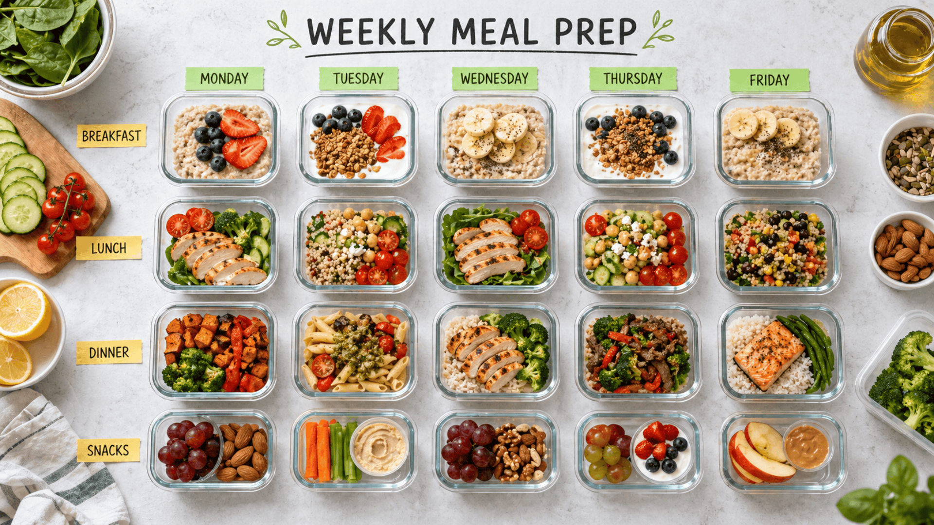 Weekly meal prep containers with healthy food arranged for busy moms